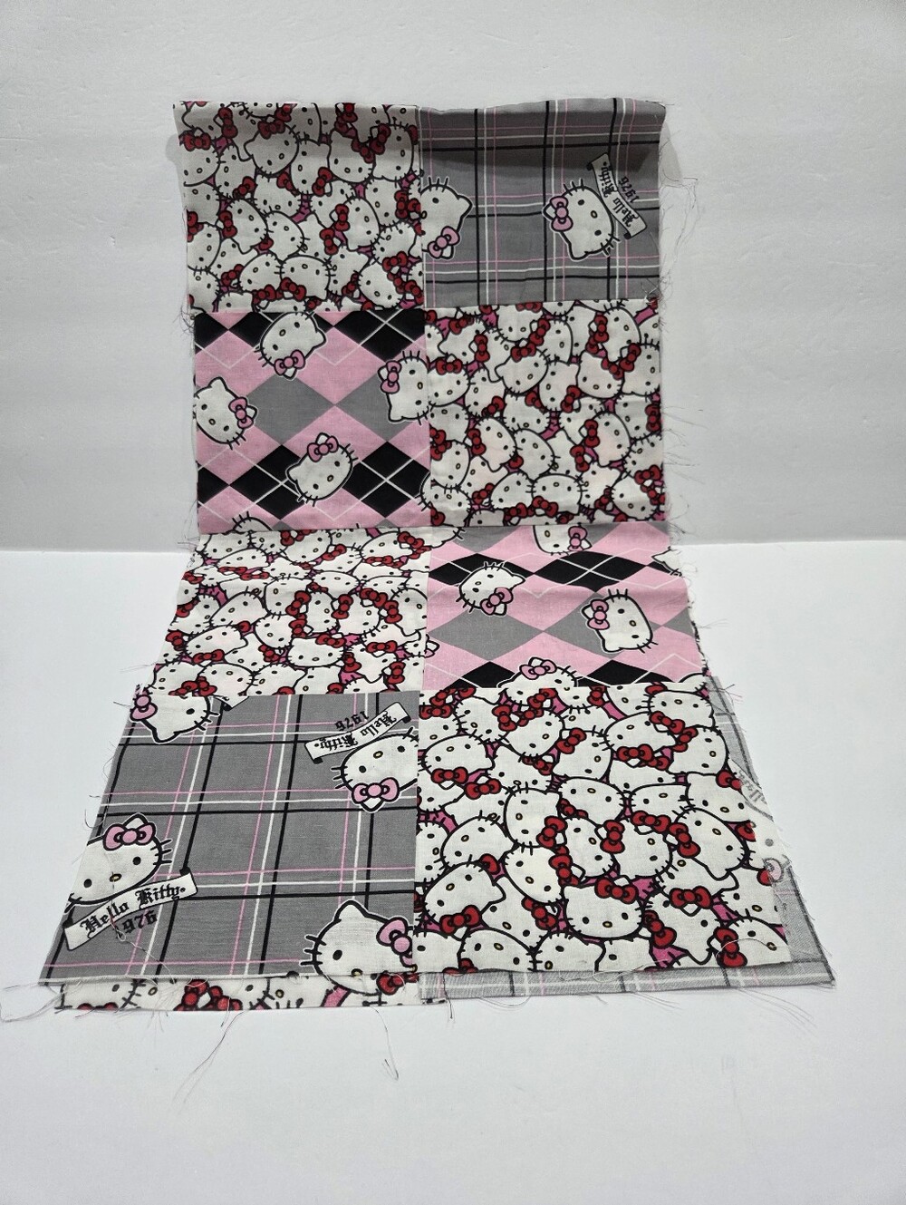 Hello Kitty Patchwork Cotton Bedding Fabric - Pink & Gray 12×46in.
